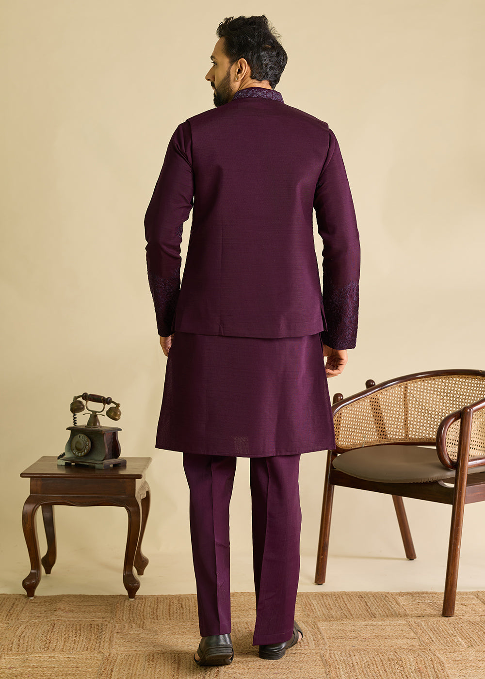 Blackberry Purple Silk Kurta Pajama & Koti Set with Multithread Detailing