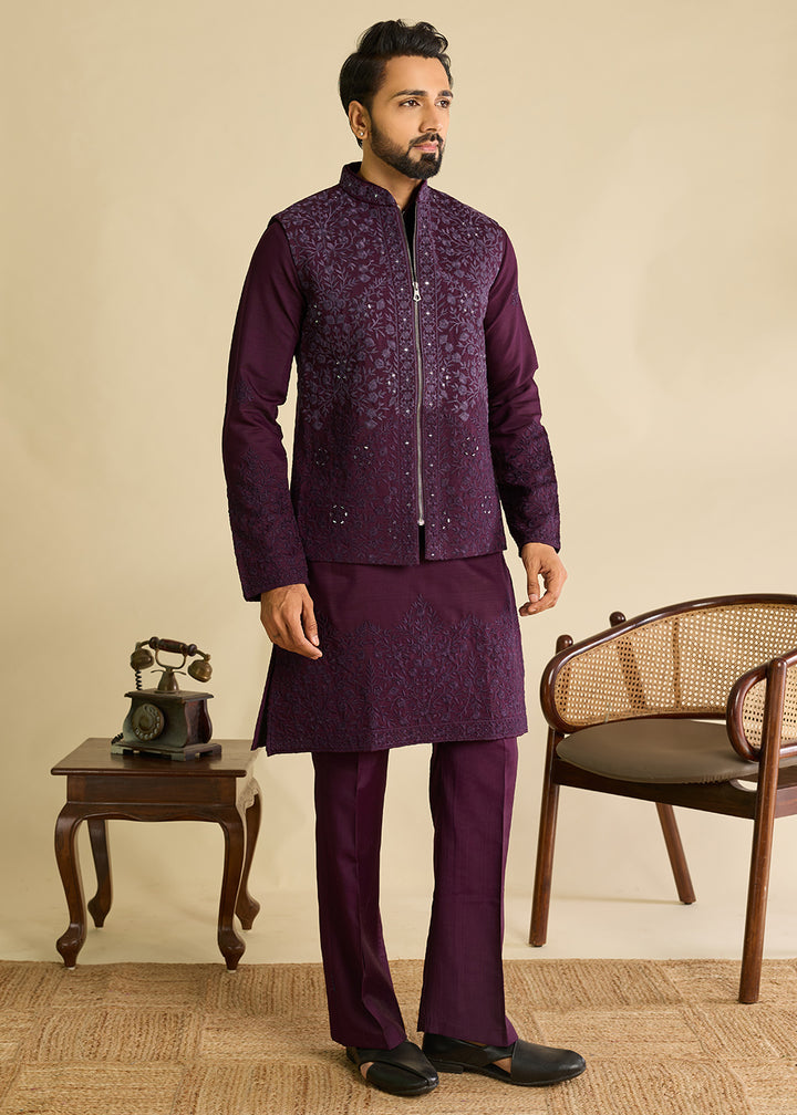 Blackberry Purple Silk Kurta Pajama &amp; Koti Set with Multithread Detailing