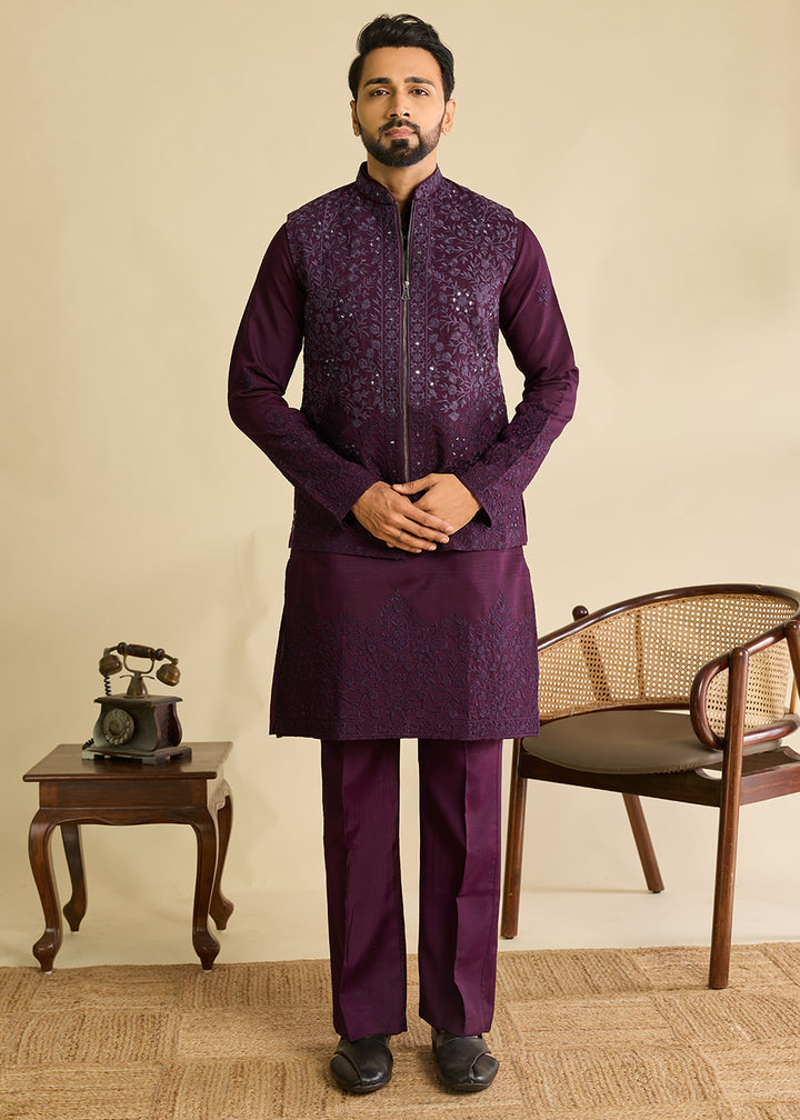 Blackberry Purple Silk Kurta Pajama &amp; Koti Set with Multithread Detailing