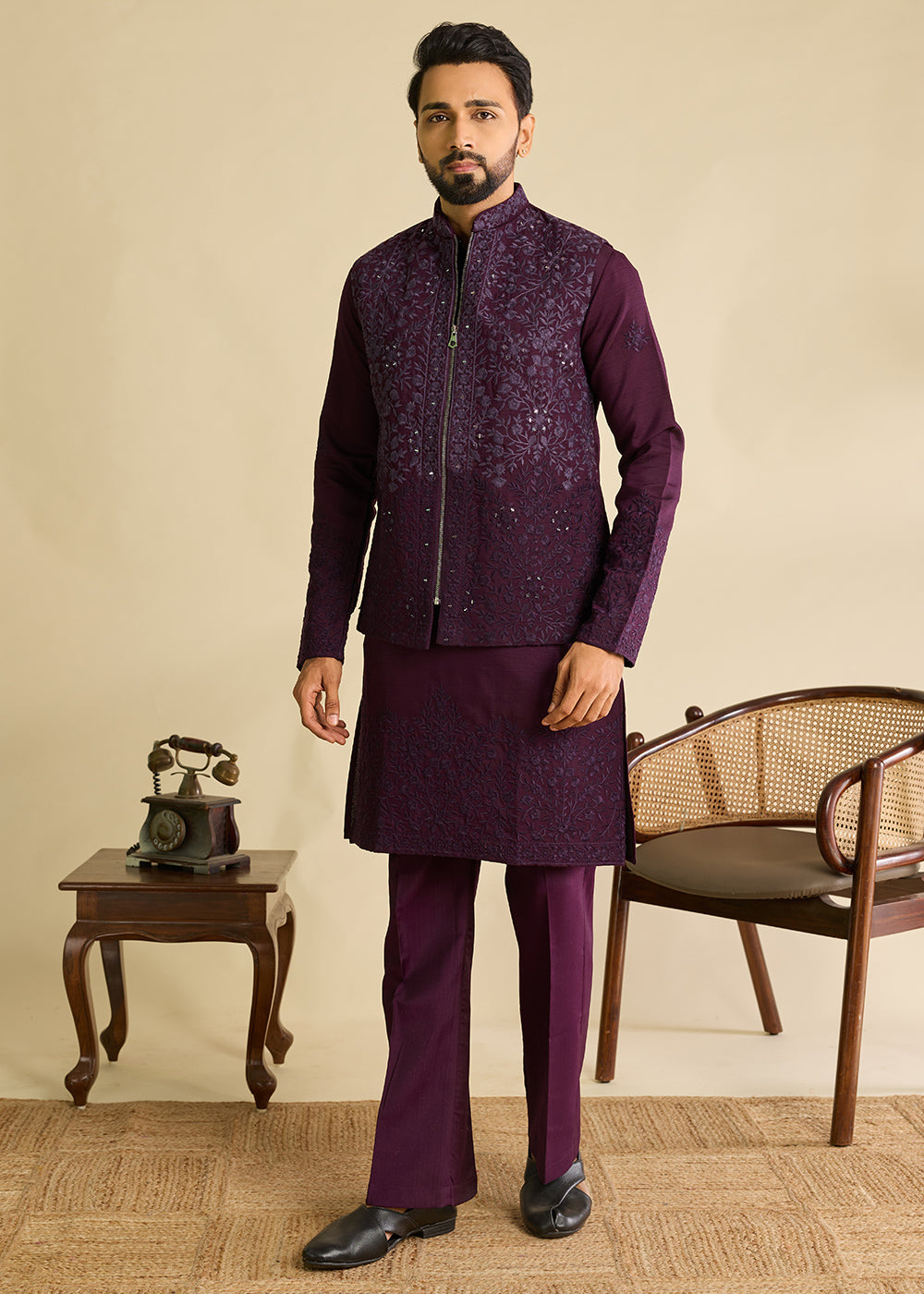Blackberry Purple Silk Kurta Pajama &amp; Koti Set with Multithread Detailing