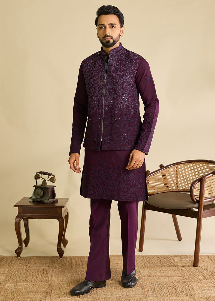 Blackberry Purple Silk Kurta Pajama &amp; Koti Set with Multithread Detailing