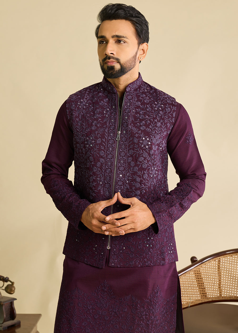 Blackberry Purple Silk Kurta Pajama &amp; Koti Set with Multithread Detailing