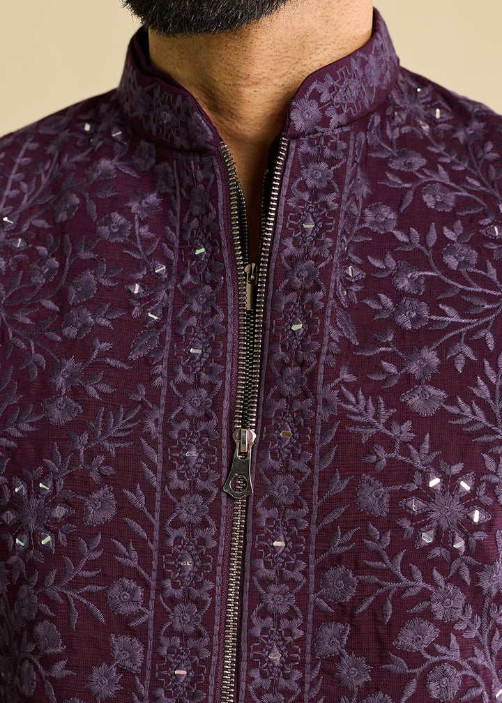 Blackberry Purple Silk Kurta Pajama &amp; Koti Set with Multithread Detailing