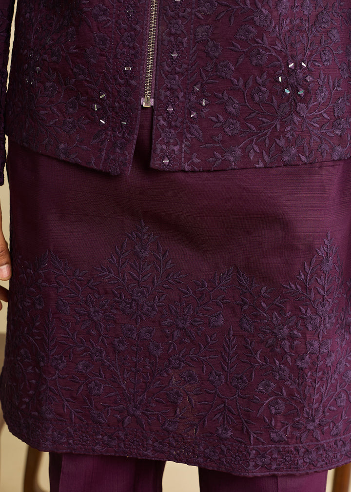 Blackberry Purple Silk Kurta Pajama &amp; Koti Set with Multithread Detailing
