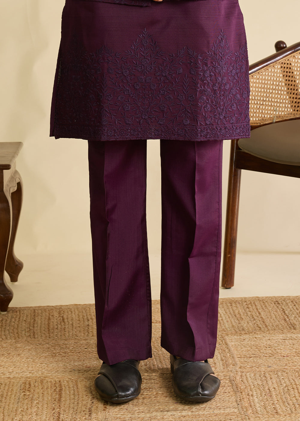 Blackberry Purple Silk Kurta Pajama &amp; Koti Set with Multithread Detailing