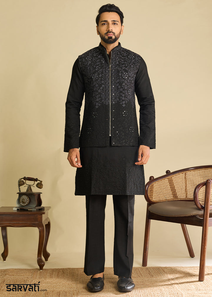 Pebble Black Silk Kurta Pajama &amp; Koti Set with Multithread Detailing