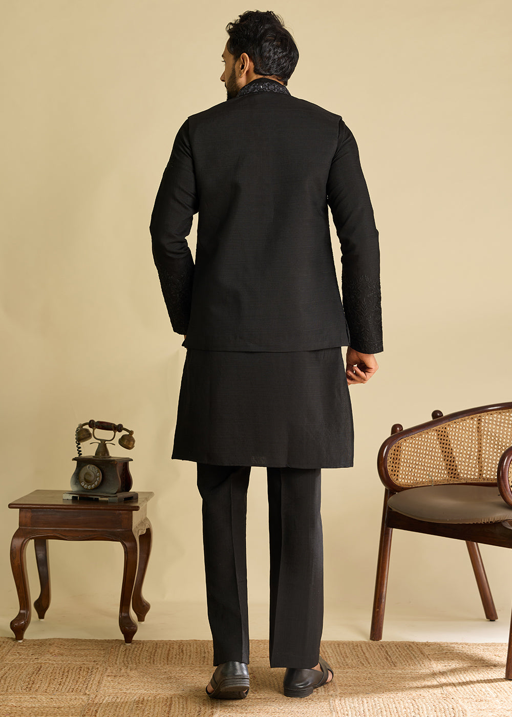Pebble Black Silk Kurta Pajama &amp; Koti Set with Multithread Detailing