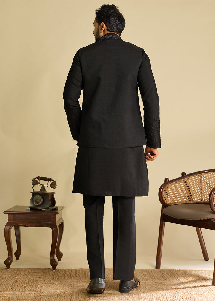 Pebble Black Silk Kurta Pajama &amp; Koti Set with Multithread Detailing