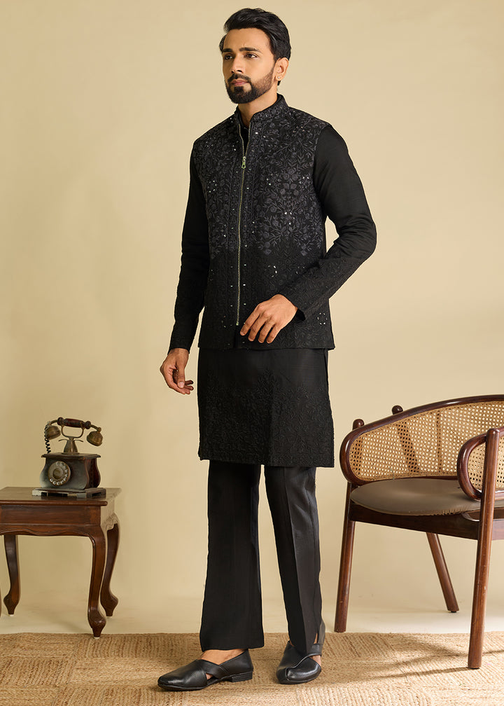 Pebble Black Silk Kurta Pajama &amp; Koti Set with Multithread Detailing