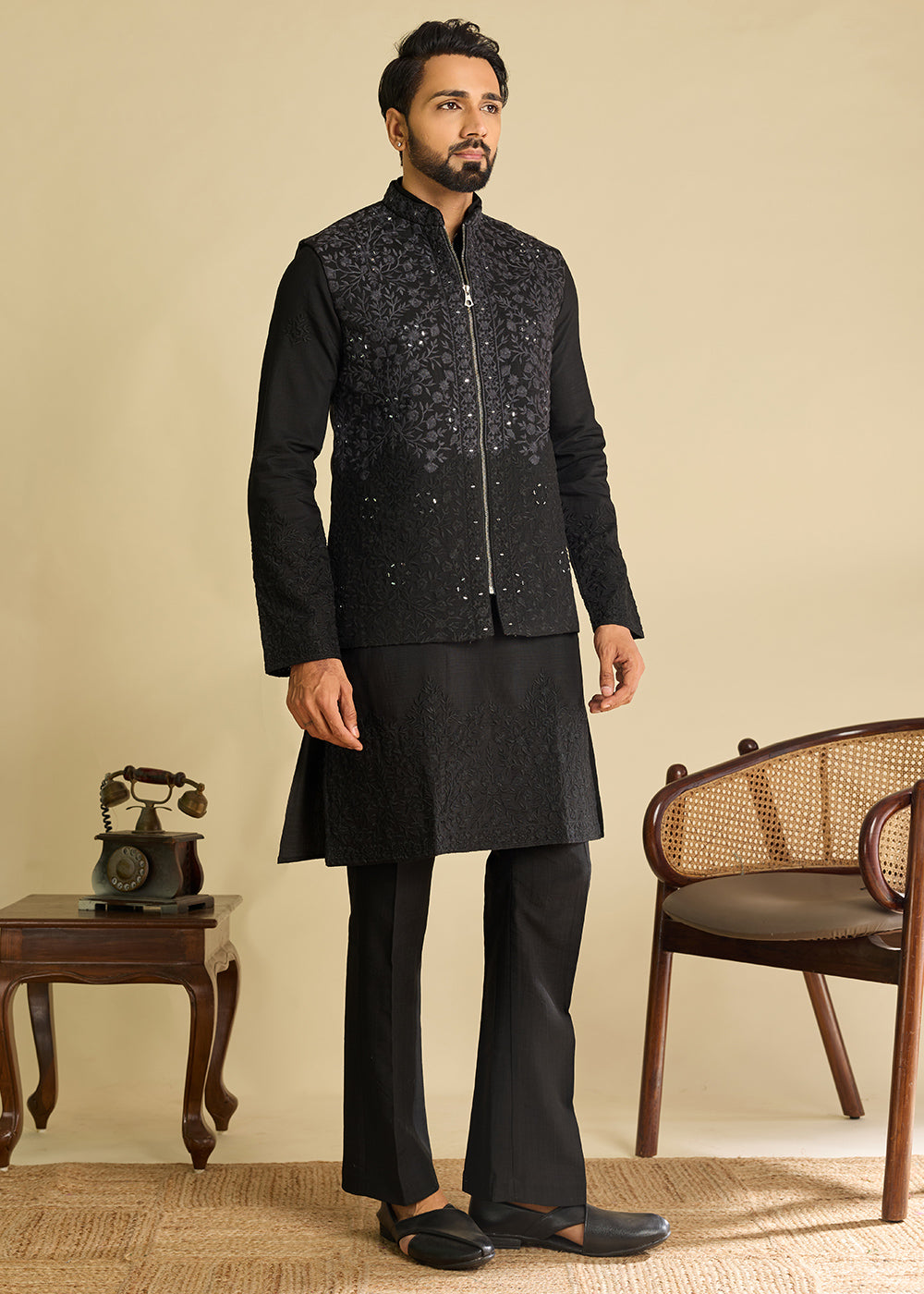 Pebble Black Silk Kurta Pajama &amp; Koti Set with Multithread Detailing