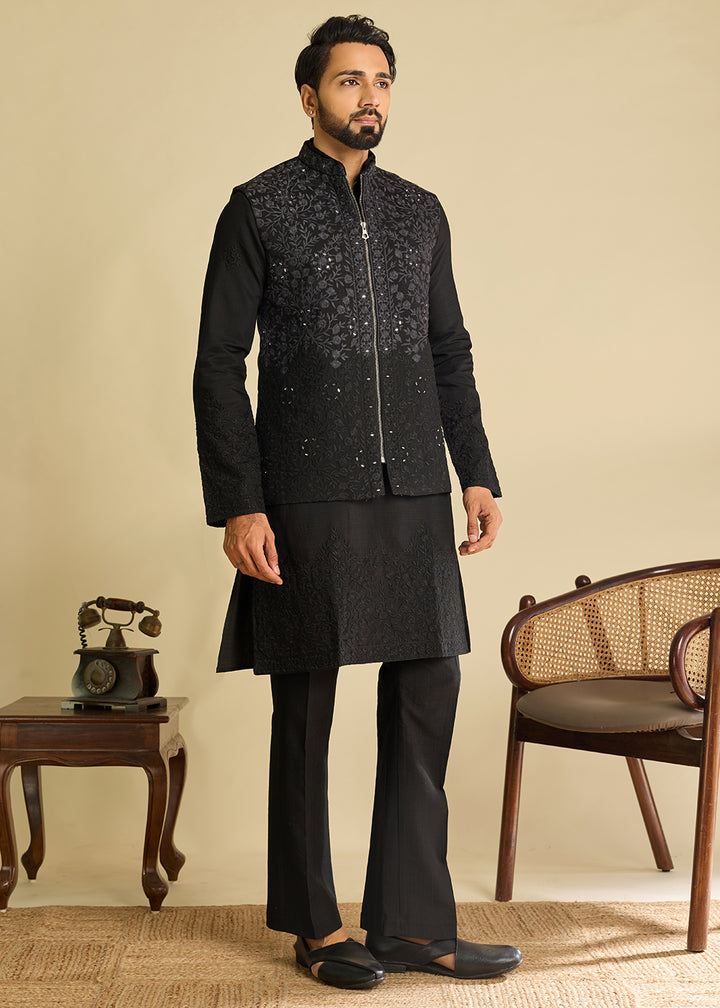 Pebble Black Silk Kurta Pajama &amp; Koti Set with Multithread Detailing