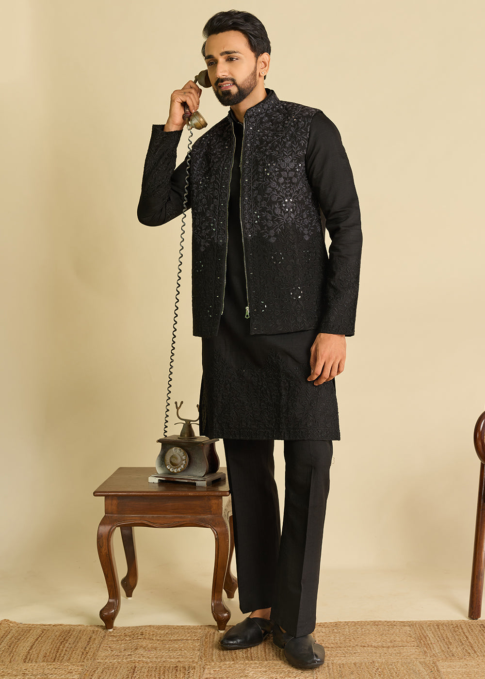 Pebble Black Silk Kurta Pajama &amp; Koti Set with Multithread Detailing
