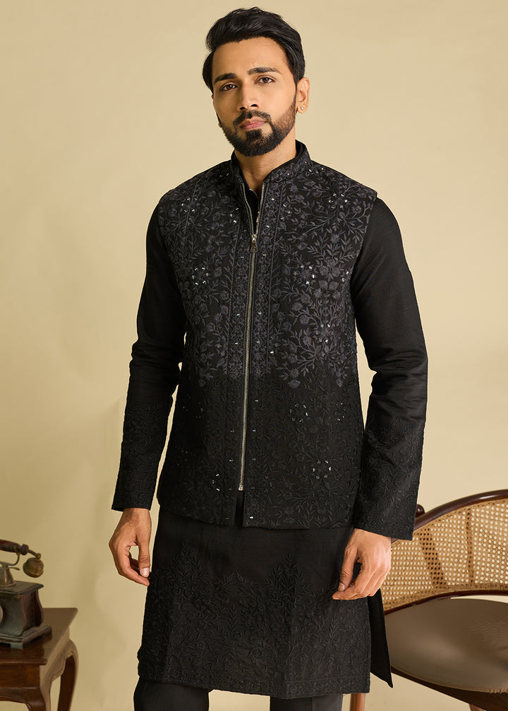 Pebble Black Silk Kurta Pajama &amp; Koti Set with Multithread Detailing