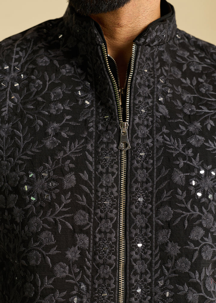 Pebble Black Silk Kurta Pajama &amp; Koti Set with Multithread Detailing