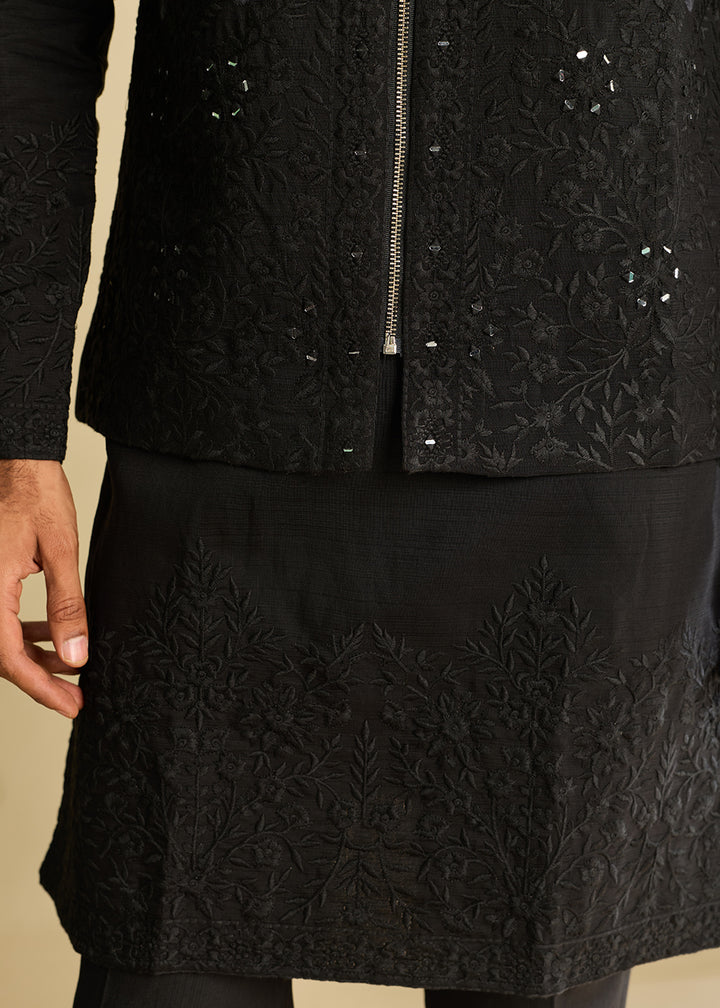 Pebble Black Silk Kurta Pajama &amp; Koti Set with Multithread Detailing