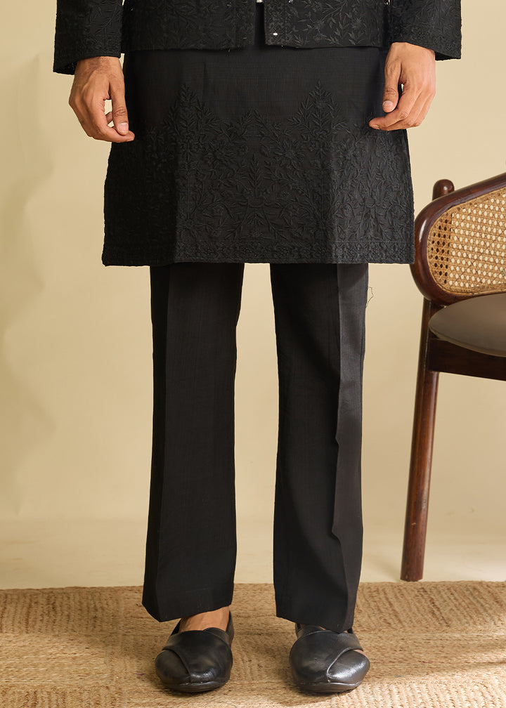 Pebble Black Silk Kurta Pajama &amp; Koti Set with Multithread Detailing