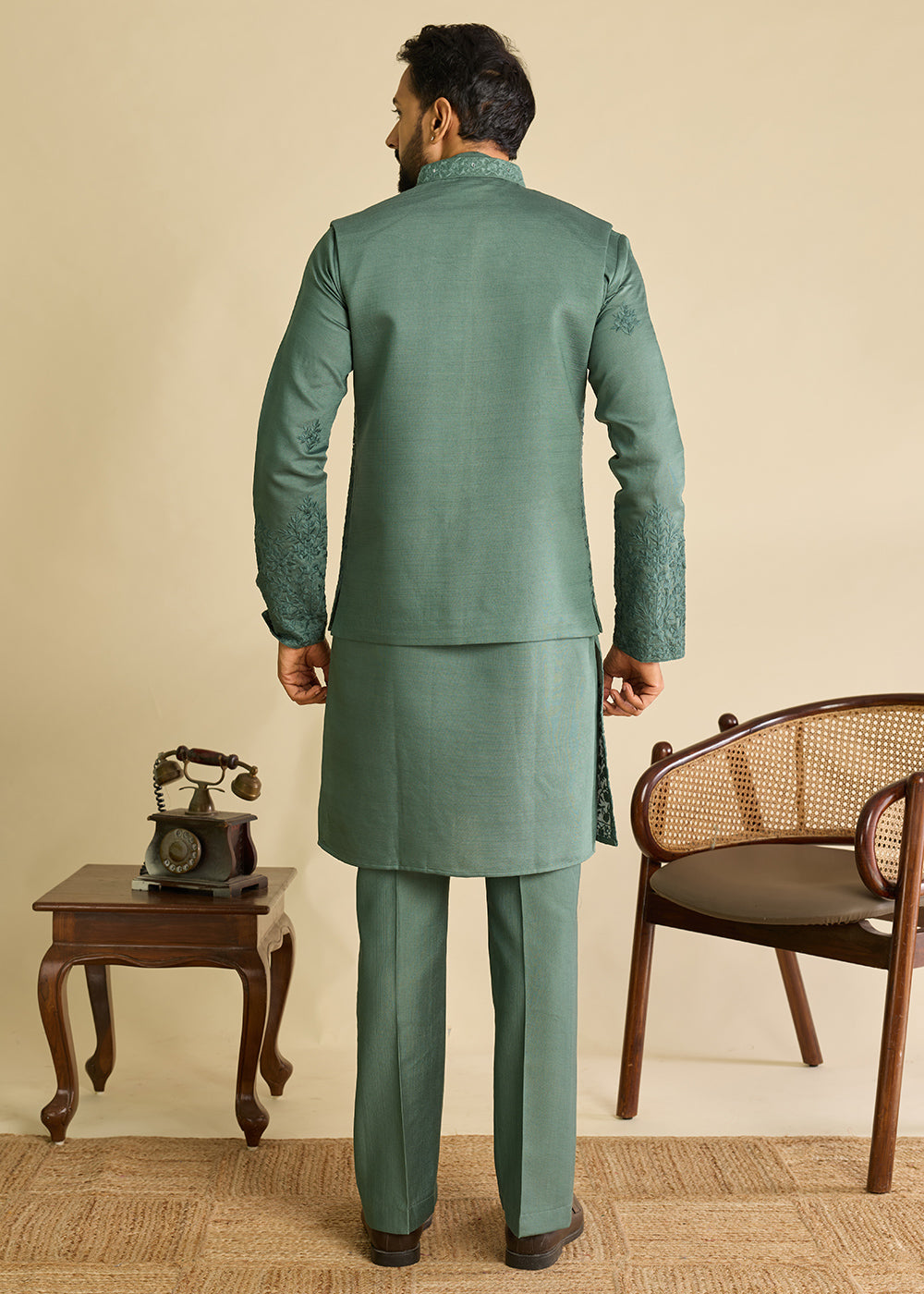 Puerto Rico Green  Silk Kurta Pajama &amp; Koti Set with Multithread Detailing