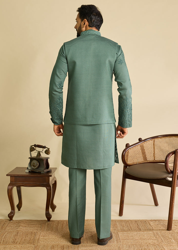 Puerto Rico Green  Silk Kurta Pajama &amp; Koti Set with Multithread Detailing
