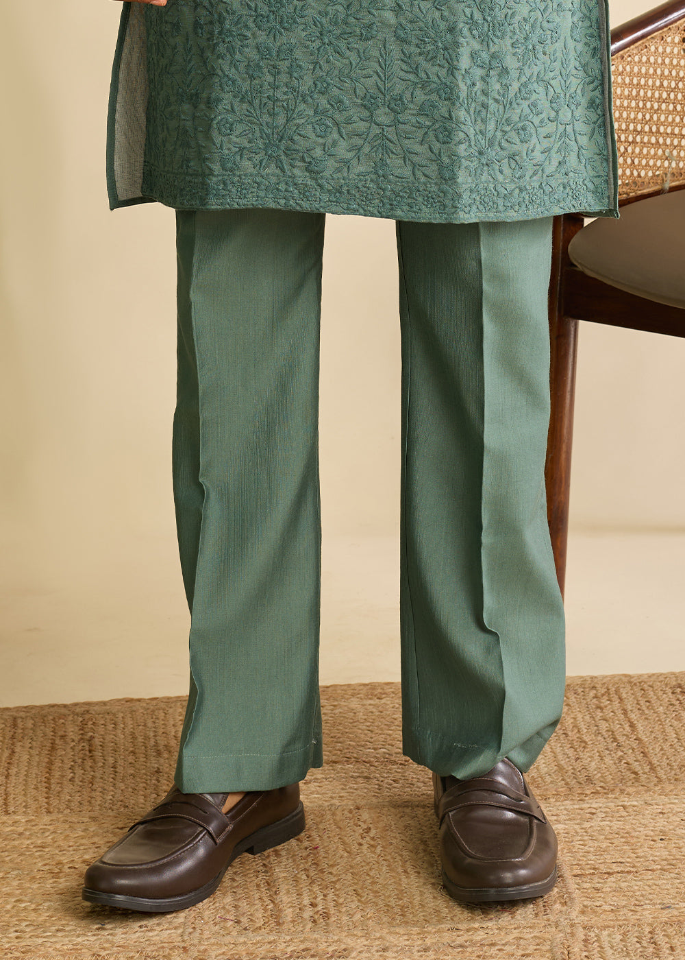 Puerto Rico Green  Silk Kurta Pajama &amp; Koti Set with Multithread Detailing