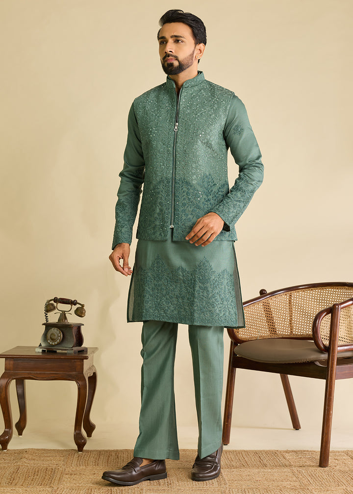 Puerto Rico Green  Silk Kurta Pajama &amp; Koti Set with Multithread Detailing