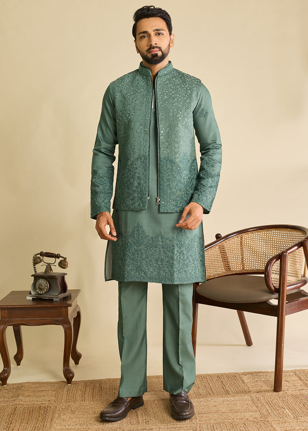 Puerto Rico Green  Silk Kurta Pajama &amp; Koti Set with Multithread Detailing