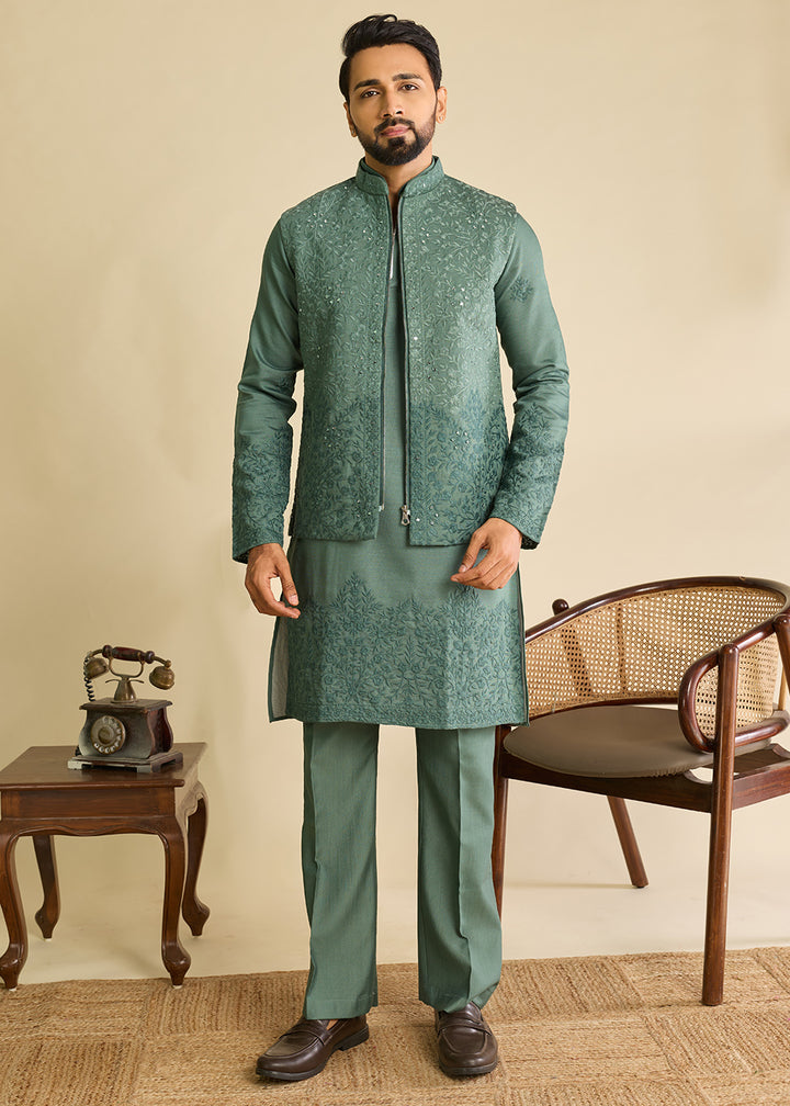 Puerto Rico Green  Silk Kurta Pajama &amp; Koti Set with Multithread Detailing