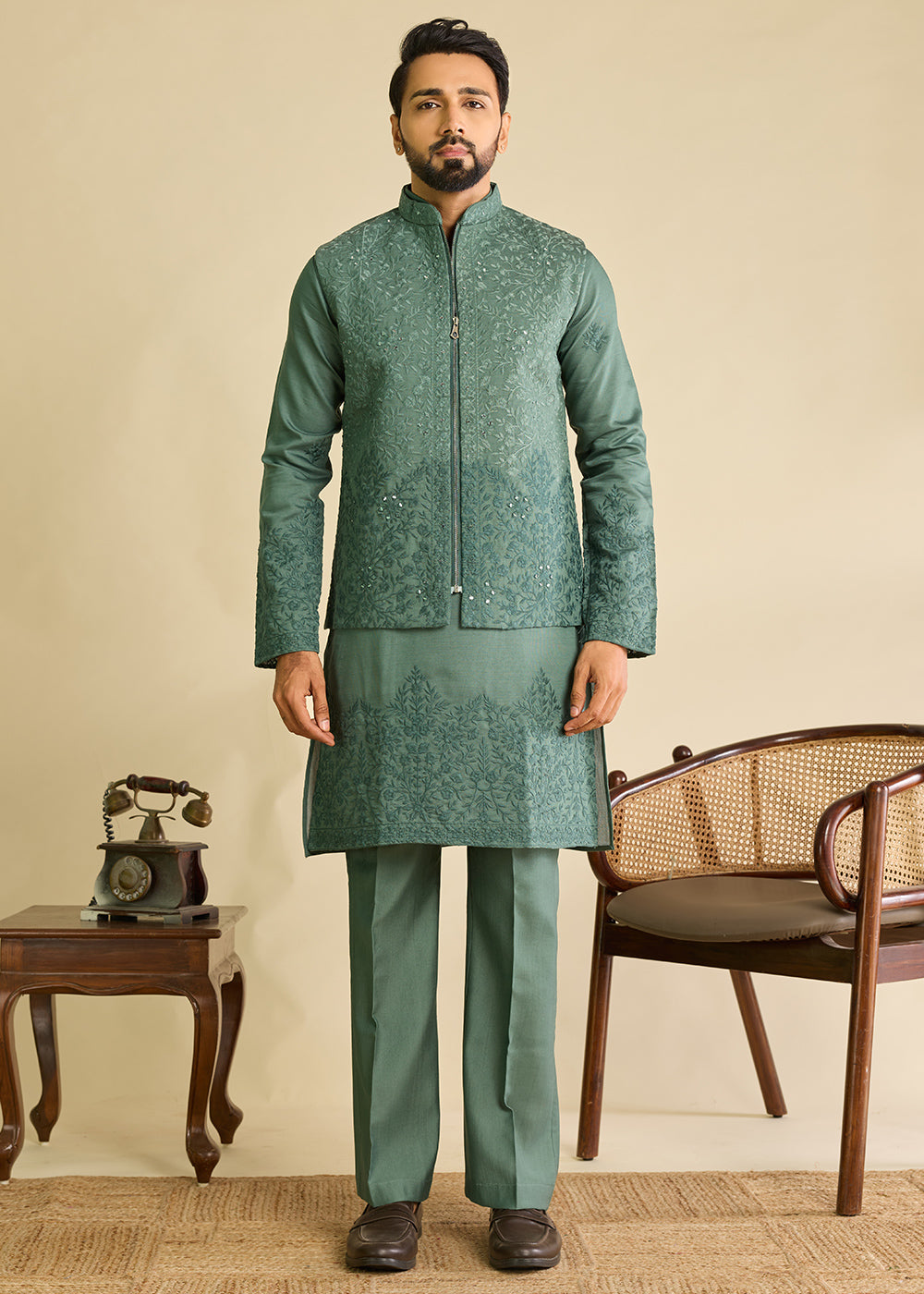 Puerto Rico Green  Silk Kurta Pajama &amp; Koti Set with Multithread Detailing