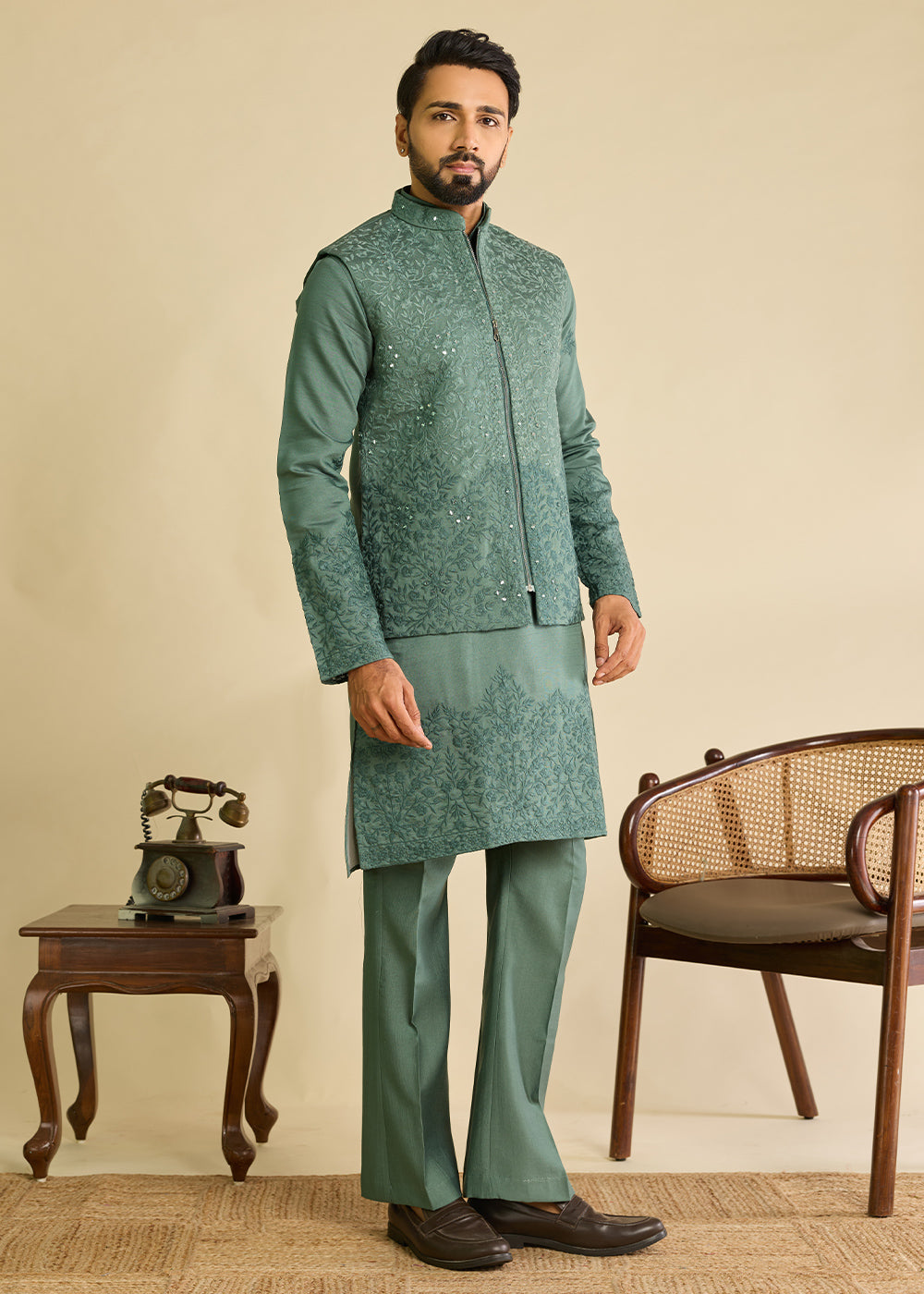 Puerto Rico Green  Silk Kurta Pajama &amp; Koti Set with Multithread Detailing