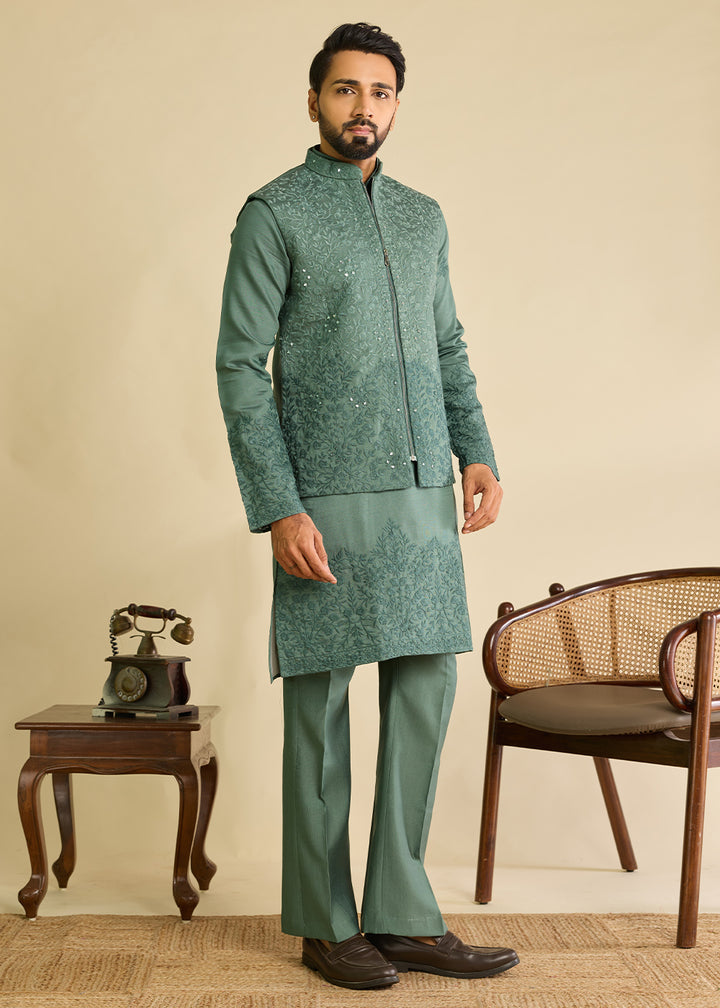Puerto Rico Green  Silk Kurta Pajama &amp; Koti Set with Multithread Detailing