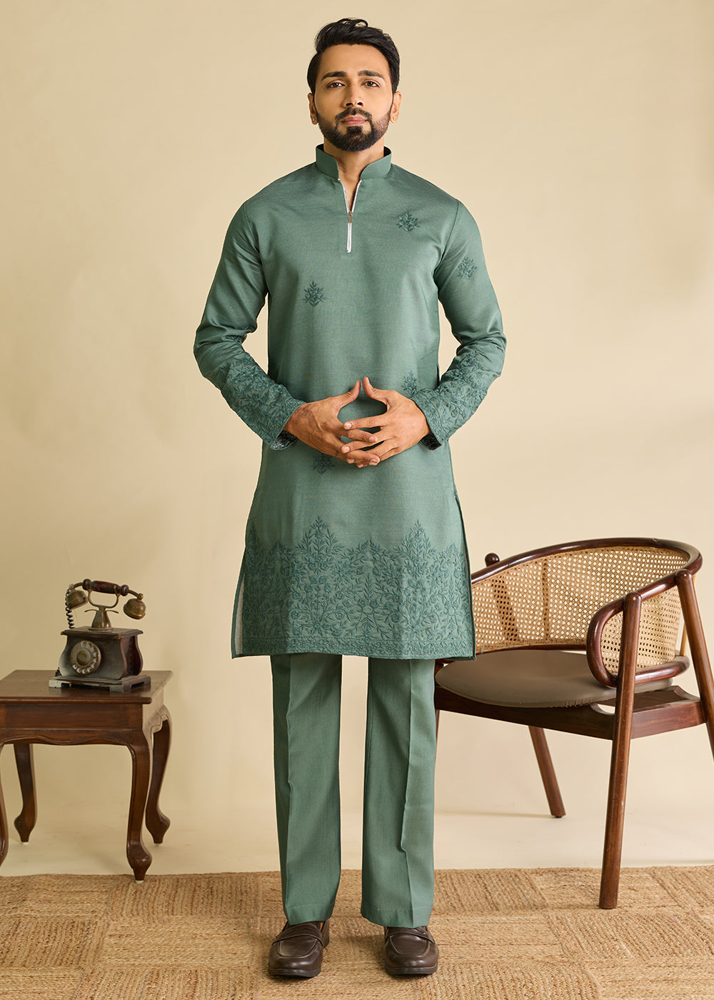 Puerto Rico Green  Silk Kurta Pajama &amp; Koti Set with Multithread Detailing