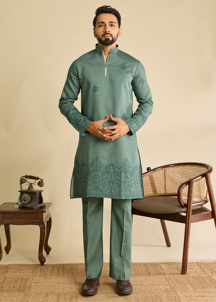 Puerto Rico Green  Silk Kurta Pajama &amp; Koti Set with Multithread Detailing