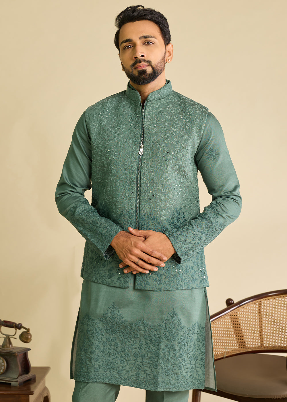 Puerto Rico Green  Silk Kurta Pajama &amp; Koti Set with Multithread Detailing