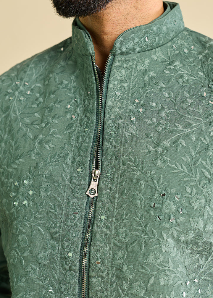 Puerto Rico Green  Silk Kurta Pajama &amp; Koti Set with Multithread Detailing