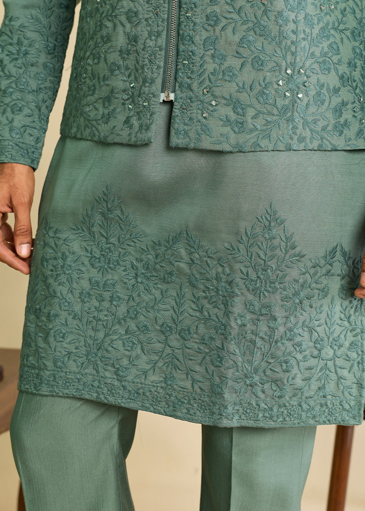 Puerto Rico Green  Silk Kurta Pajama &amp; Koti Set with Multithread Detailing