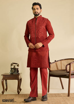 Maroon Red Silk Kurta Pajama & Koti Set with Multithread Detailing