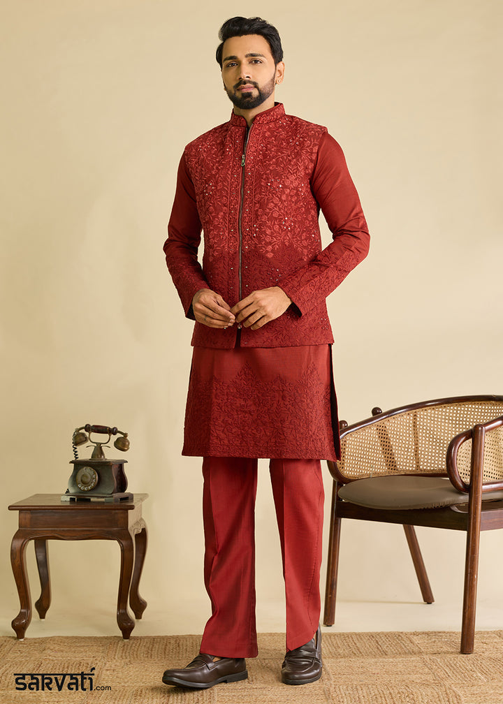 Maroon Red Silk Kurta Pajama &amp; Koti Set with Multithread Detailing