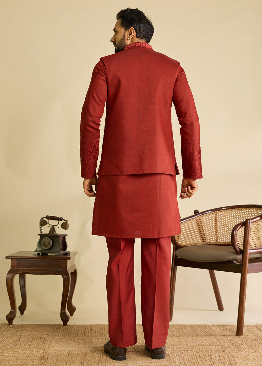 Maroon Red Silk Kurta Pajama & Koti Set with Multithread Detailing