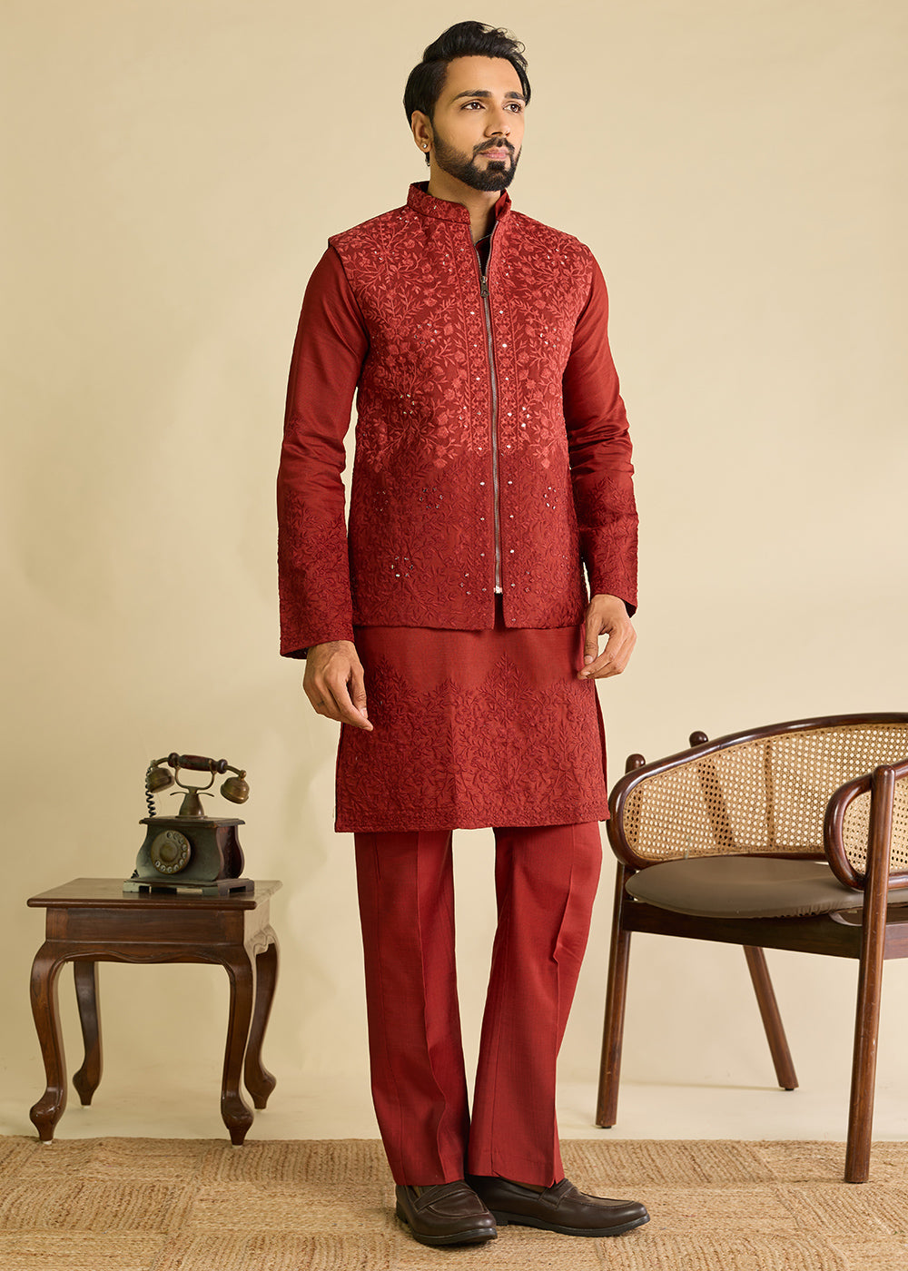 Maroon Red Silk Kurta Pajama &amp; Koti Set with Multithread Detailing