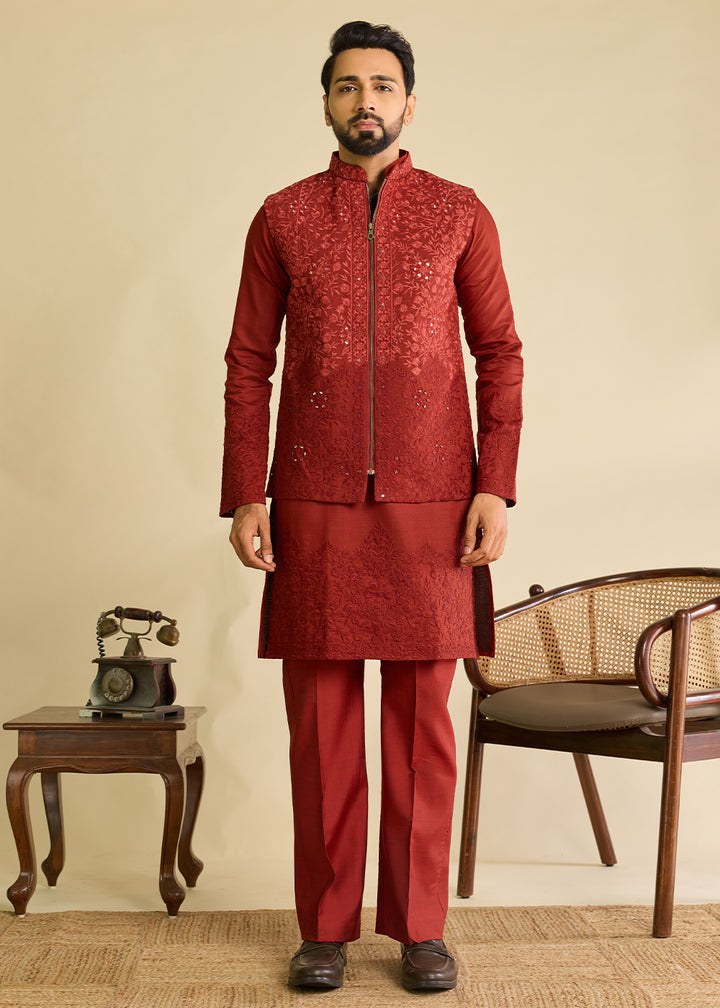 Maroon Red Silk Kurta Pajama &amp; Koti Set with Multithread Detailing