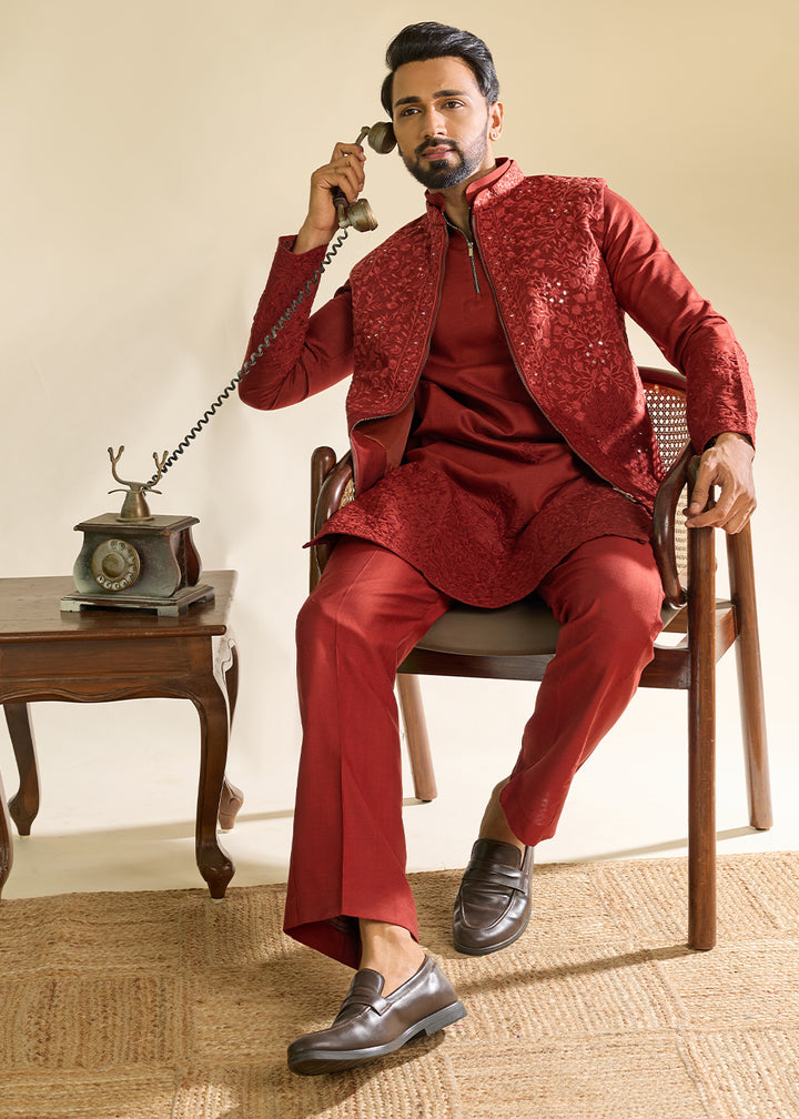 Maroon Red Silk Kurta Pajama &amp; Koti Set with Multithread Detailing