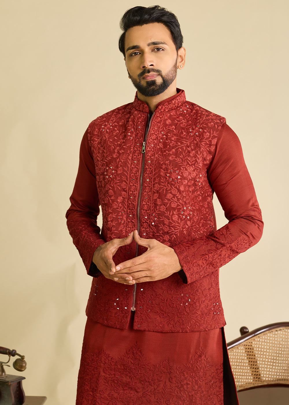 Maroon Red Silk Kurta Pajama &amp; Koti Set with Multithread Detailing