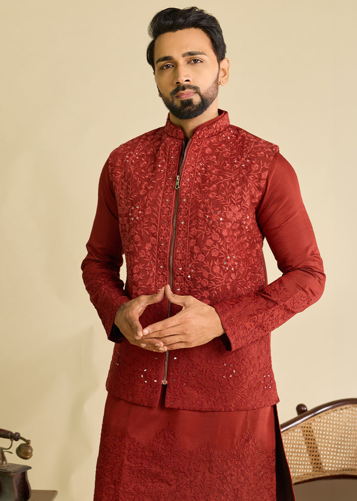 Maroon Red Silk Kurta Pajama &amp; Koti Set with Multithread Detailing