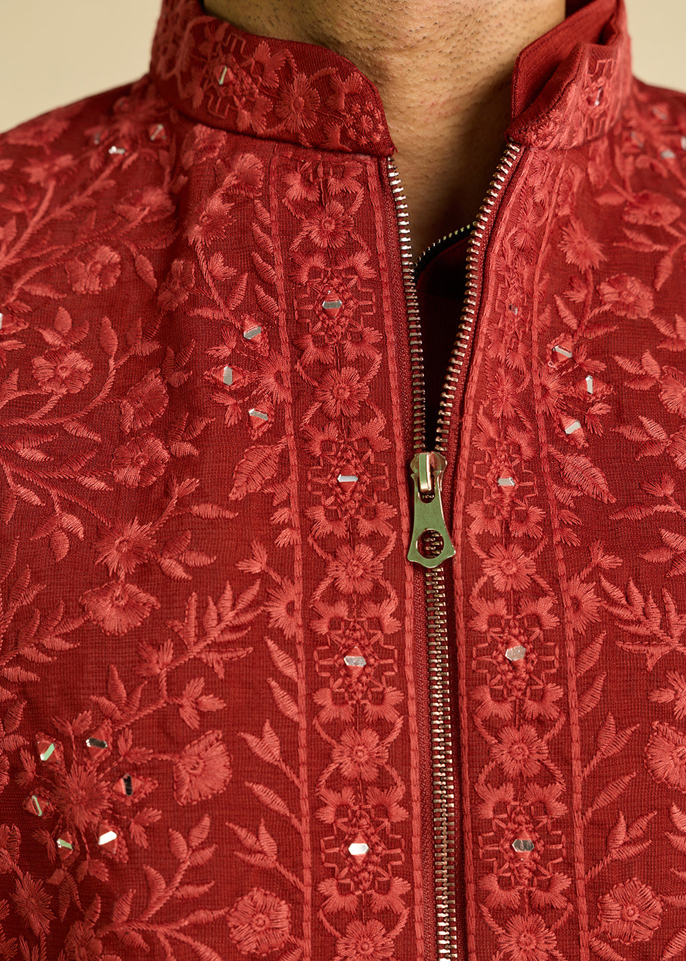Maroon Red Silk Kurta Pajama &amp; Koti Set with Multithread Detailing