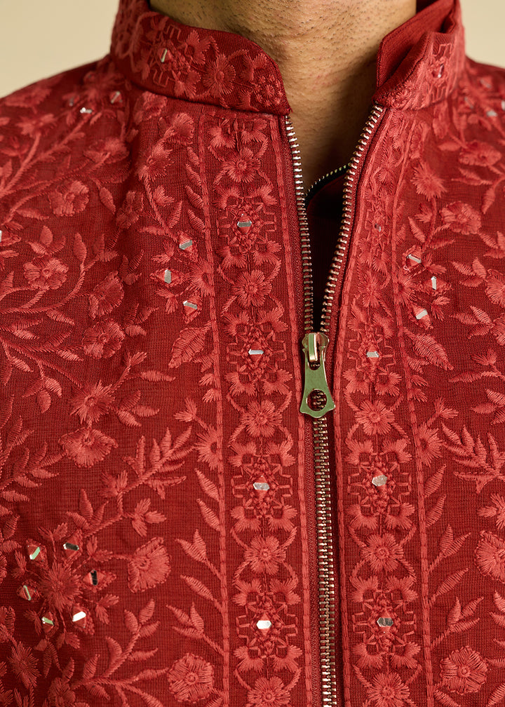 Maroon Red Silk Kurta Pajama &amp; Koti Set with Multithread Detailing