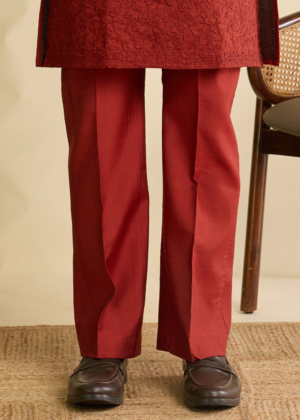 Maroon Red Silk Kurta Pajama &amp; Koti Set with Multithread Detailing