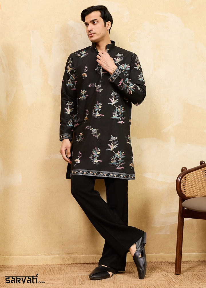 Onyx Black Viscose Silk Kurta with Multi-Thread Embroidery