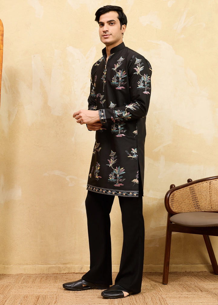 Onyx Black Viscose Silk Kurta with Multi-Thread Embroidery