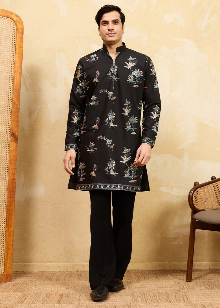 Onyx Black Viscose Silk Kurta with Multi-Thread Embroidery