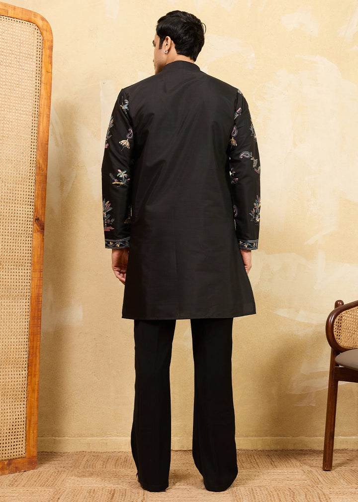 Onyx Black Viscose Silk Kurta with Multi-Thread Embroidery