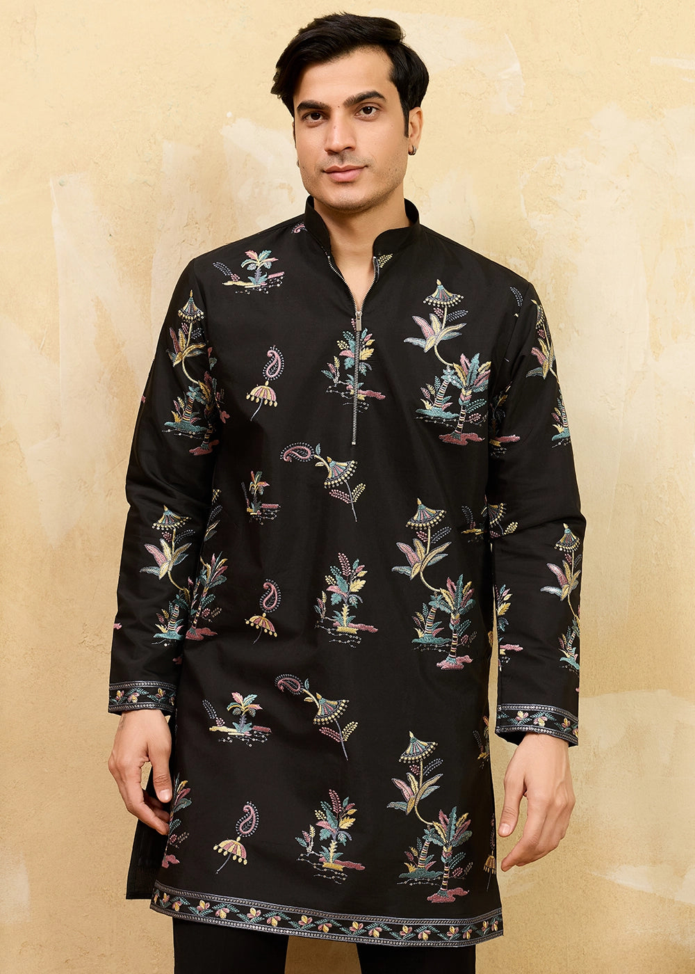 Onyx Black Viscose Silk Kurta with Multi-Thread Embroidery